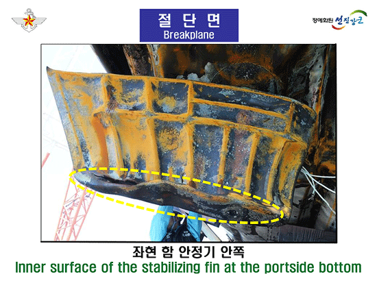 좌현 안정기. 내부 골격 부분이 전부 녹이 슬었다. 이종인 대표는 이는 암초나 모래바닥에 선체가 문질러졌을 때 생기는 현상이라고 설명했다.